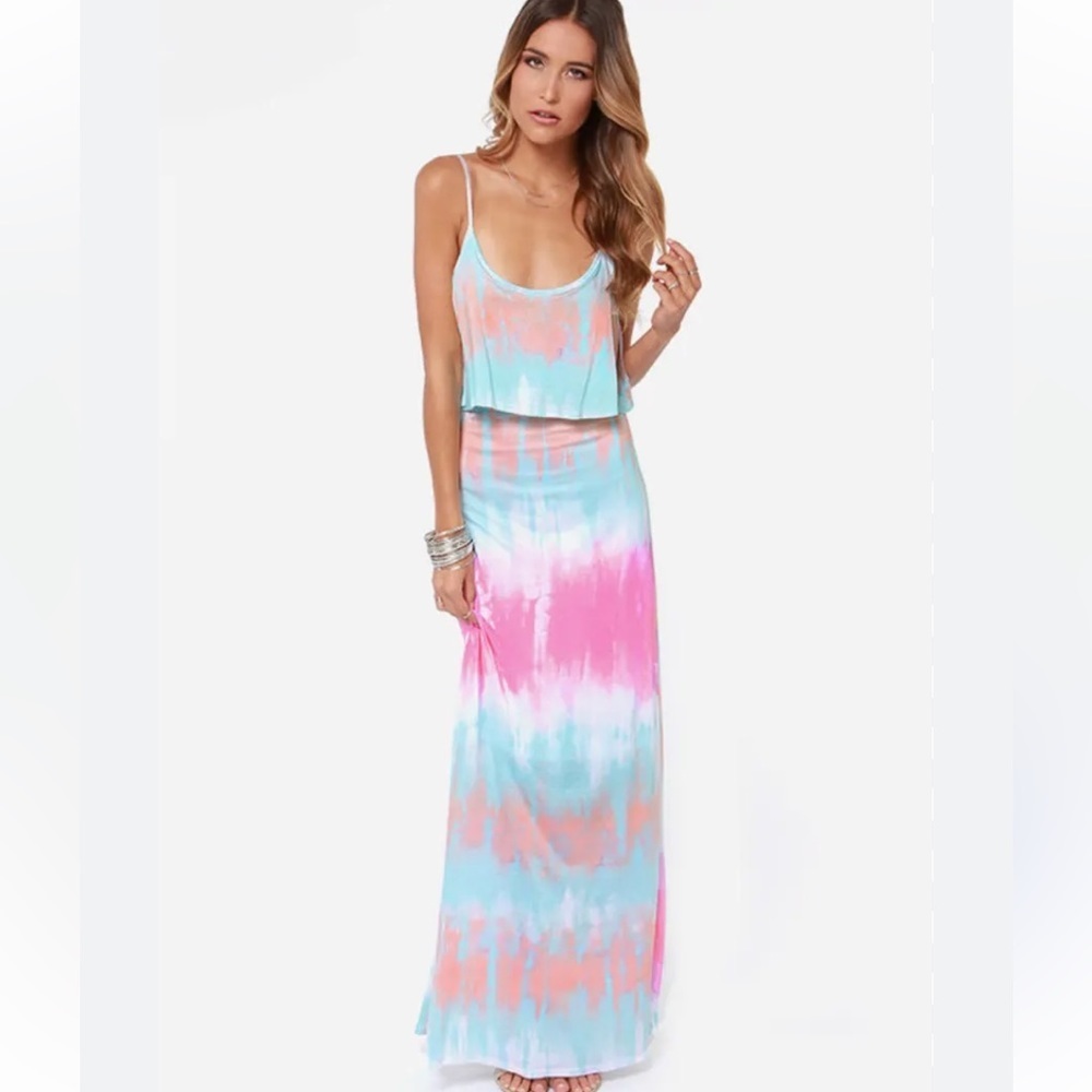 Lulu's Tie-Dye Maxi Dress in Pink, Blue, Coral